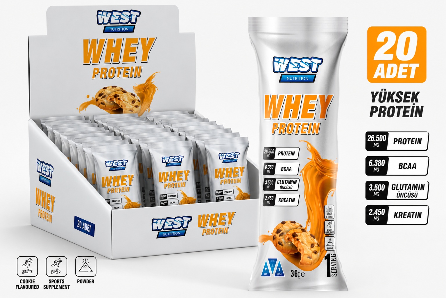 Whey Protein Tozu KURABİYE Aromalı 20 Servis Saşe 720 gr.