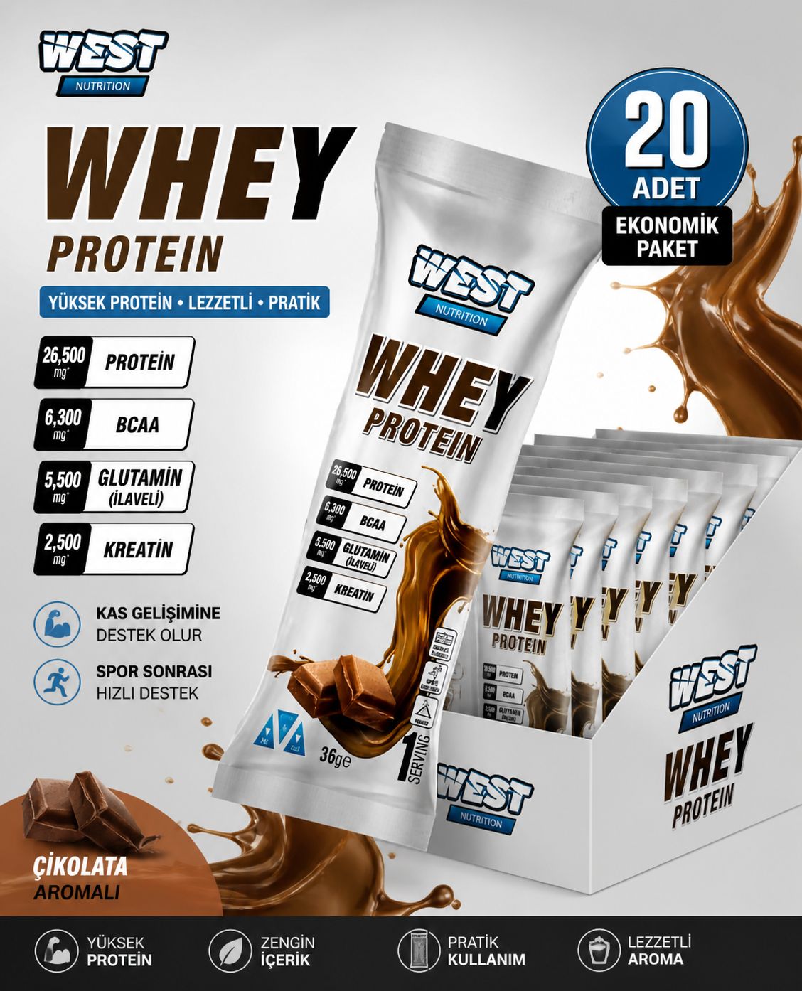 Whey Protein Tozu ÇİKOLATA Aromalı 20 Servis Saşe 720 gr.