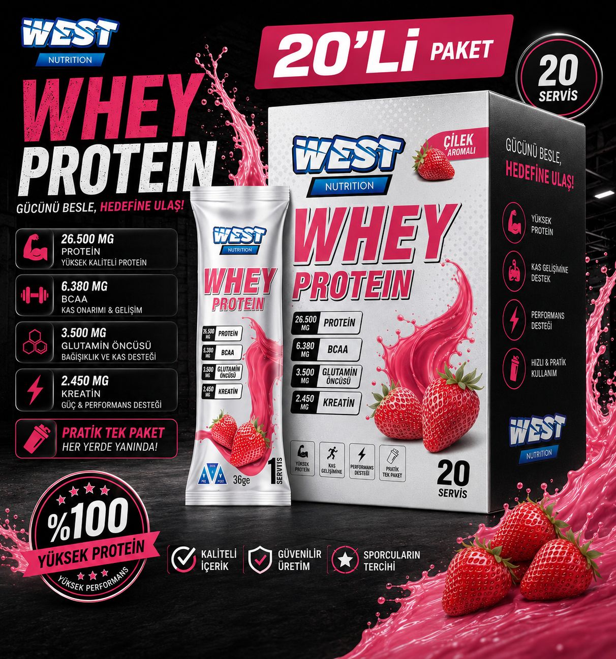 Whey Protein Tozu ÇİLEK Aromalı 20 Servis Saşe 720 gr.