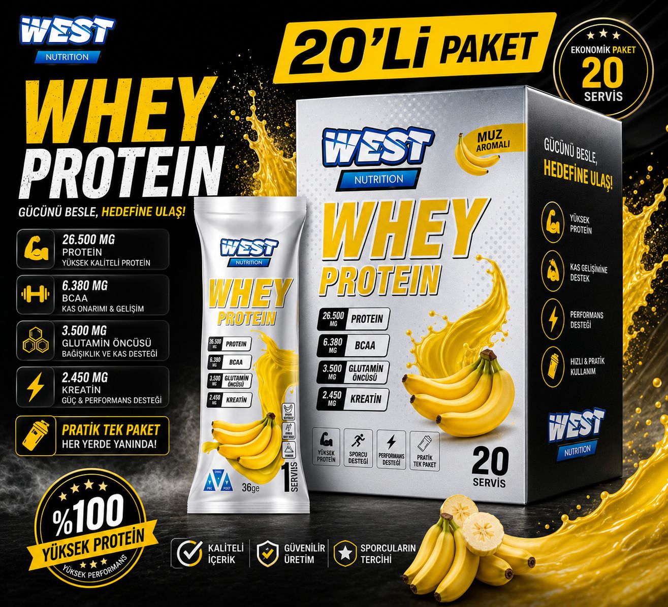 Whey Protein Tozu MUZ Aromalı 20 Servis Saşe 720 gr.